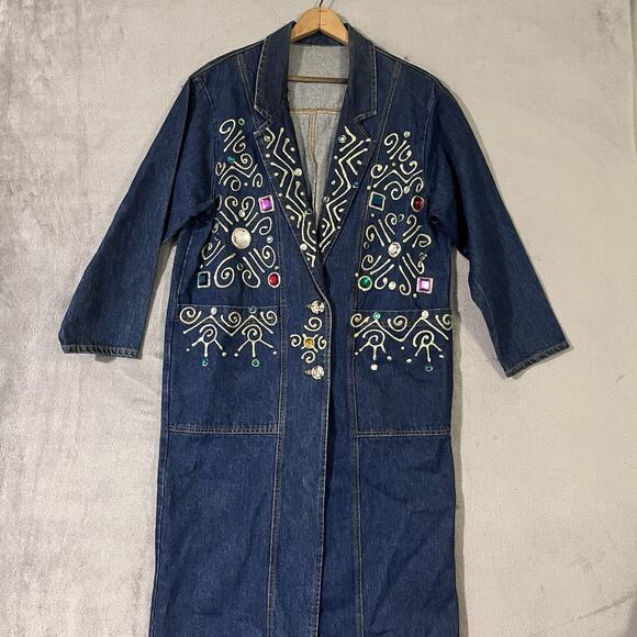 Vtg Embellished Denim Long Duster Jacket Gaudy Bejeweled Coat Women M* Heavy - Picture 3 of 12